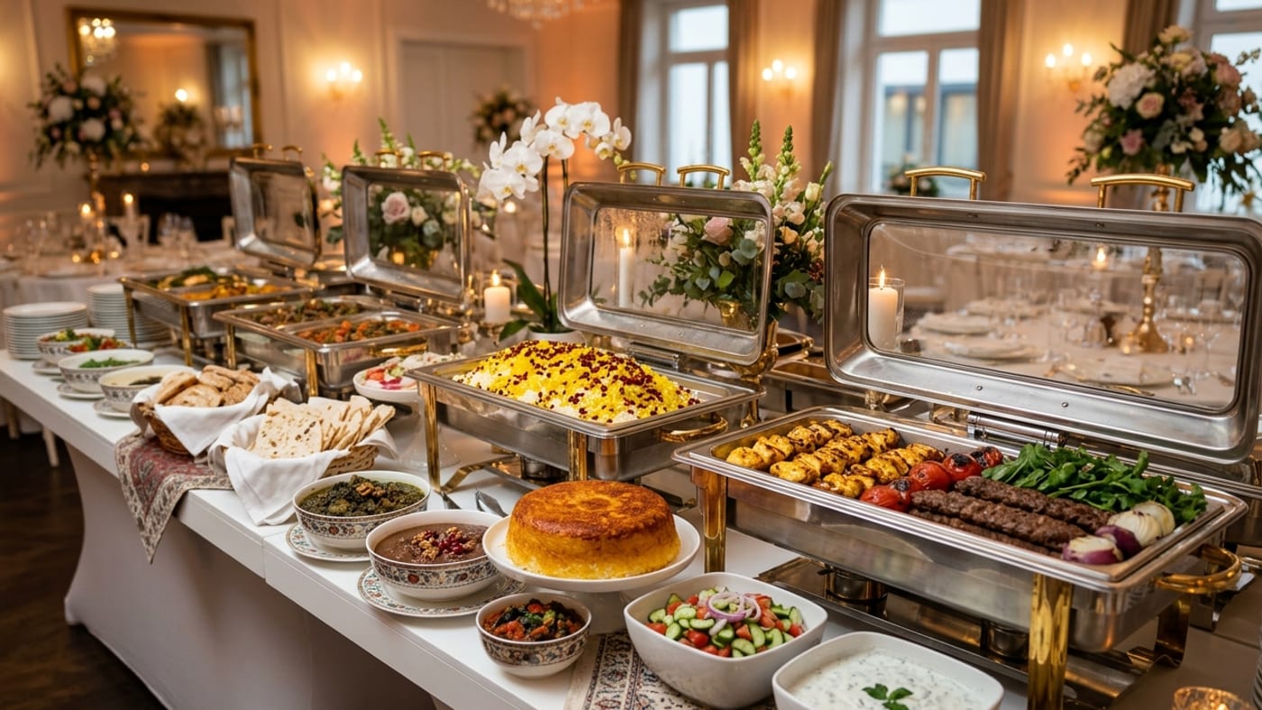 Persisches Catering Köln – festliches Buffet mit Safranreis, Kebab und Spezialitäten für Hochzeiten und Feiern