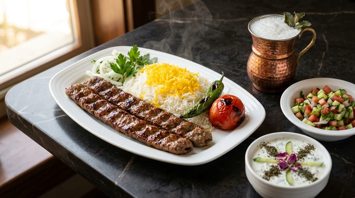 Persischer Koobideh-Kebab mit Safranreis und Grilltomate im Pars Restaurant Köln