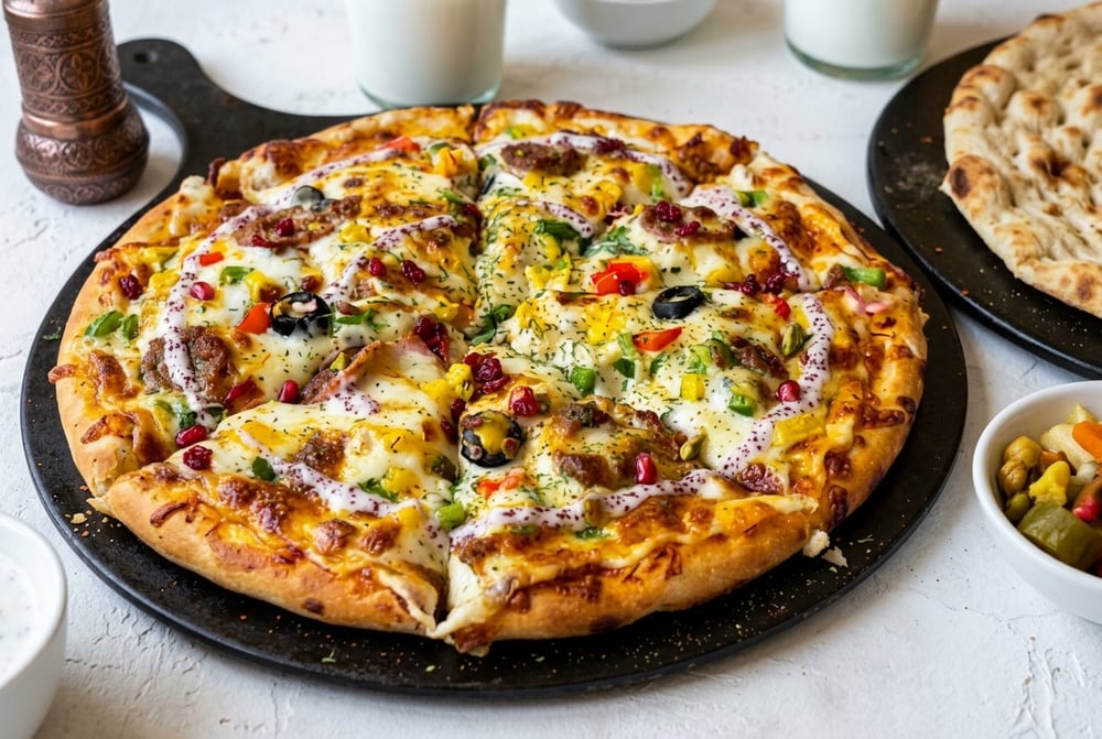 Persische Pizza PARS mit Hähnchenfilet, Champignons, Paprika und Käse im Pars Restaurant Köln