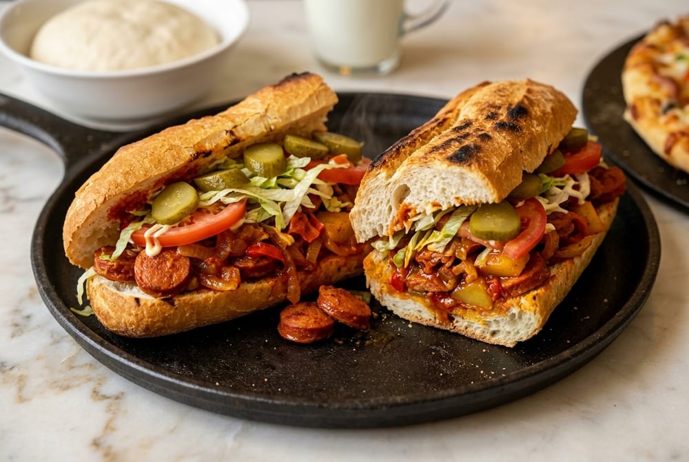 Sosis Bandari Sandwich – scharf angebratene persische Rinderwurst mit Tomatensauce im Pars Restaurant Köln